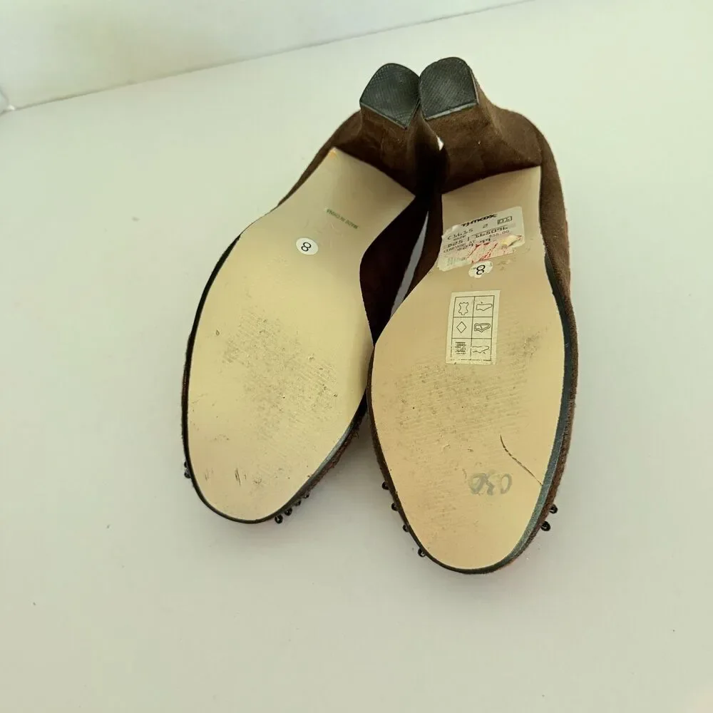 Two Lips, VTG Y2K Brown Round Toe Beaded Bow Pumps, 8 Boho Twee
